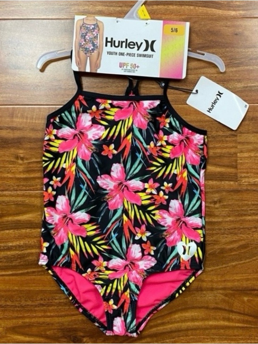 NWT New Hurley Little Girl Pink Hawaiian Floral Racerback One Piece Swimsuit 5/6